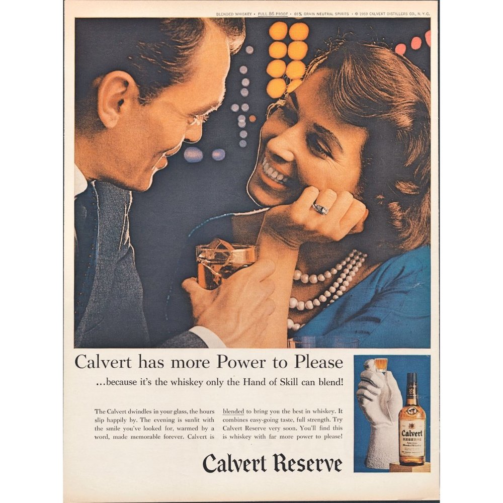 1959 Calvert Reserve Whiskey Vintage Print Ad Couple on Date Pearls Wall Art 50s